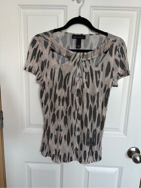 INC International Concepts Taupe and Charcoal Animal-Print Beaded Neck Blouse